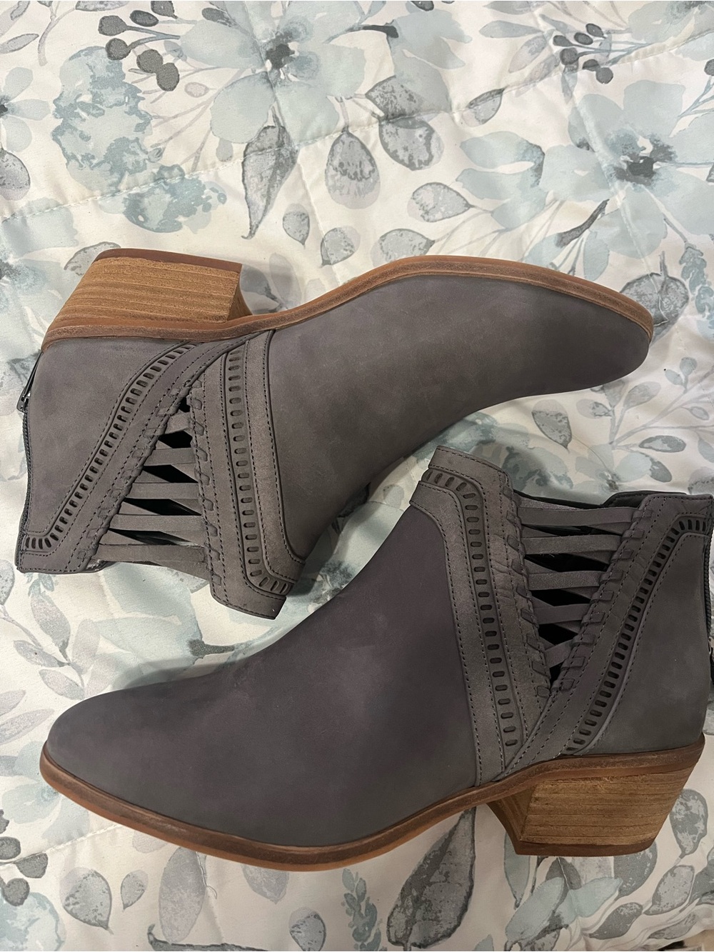 Vince Camuto Gray Cutout Ankle Booties with Stacked Heel